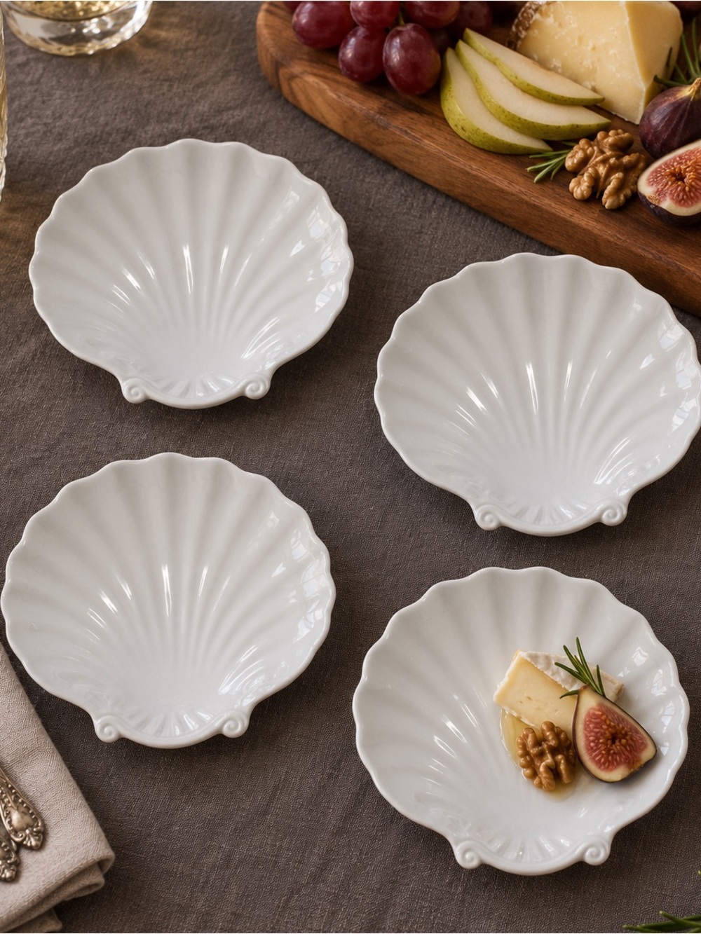 White Ceramic Shell Appetizer Plates with Embossed floral Detail - Set of 4